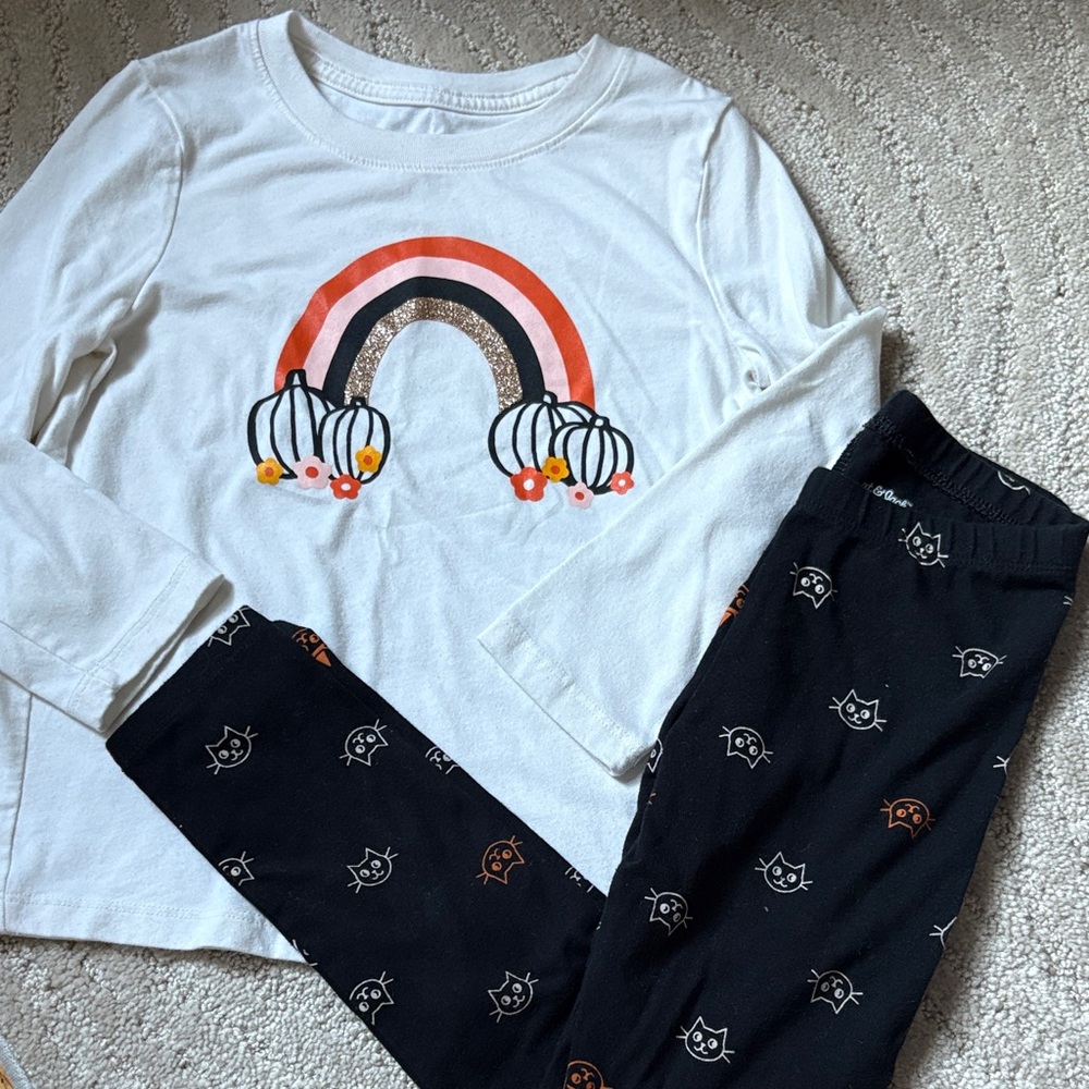 Girls Cat & Jack Halloween Fall Shirt & Legging pumpkin rainbow black cats